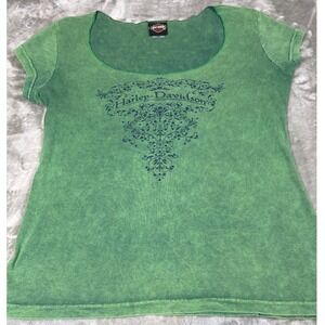 Harley-Davidson Lima Ohio Green Acid Wash Rhinestone Graphic Tee Womens XL Biker